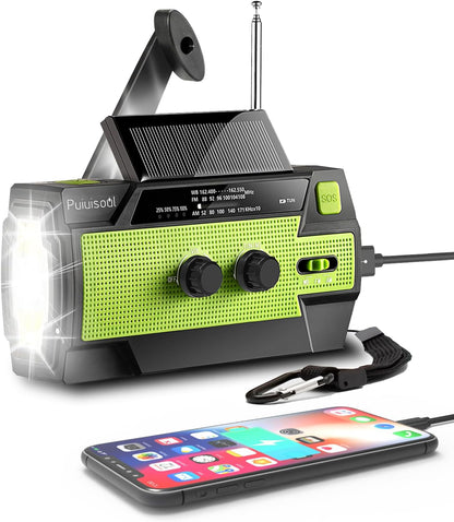 Emergency-Radio, 4000Mah Weather Radios with Hand Crank & Solar Charging,Portable 3 Gear LED Flashlight,Sos Alarm, Am/Fm/Noaa,Motion Sensor Reading Lamp