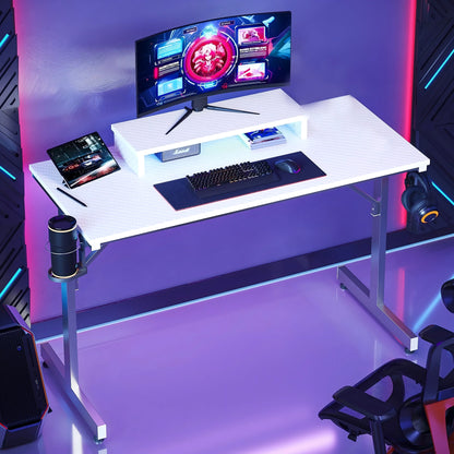42 Inch LED Gaming Desk with Monitor Stand PC Computer Gamer Home Office Table in White